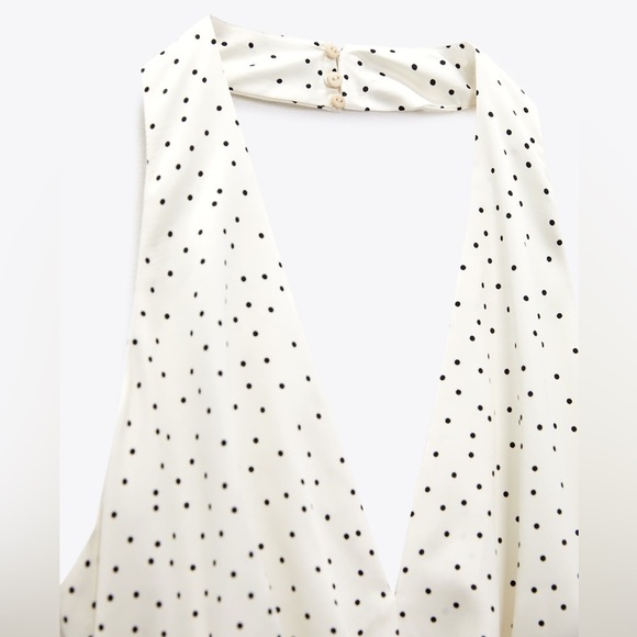 NEW Zara Satin Draped Black & White Polka Dot Halter Dress with Ruched Bottom - Picture 7 of 14
